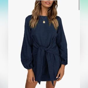 Navy Blue Tie Waist Long Sleeve Dress, Small